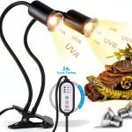 Reptile Heat Lamp, Double-Head Heat Lamp with Clamp, UVA UVB Reptile Light with Intelligent Cycle Timer for Turtle, Bearded Dragon, Lizard and More, 2 Bulbs 25W+50W-0