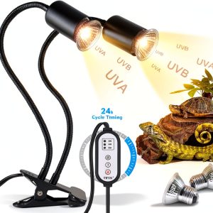 Reptile Heat Lamp, Double-Head Heat Lamp with Clamp, UVA UVB Reptile Light with Intelligent Cycle Timer for Turtle, Bearded Dragon, Lizard and More, 2 Bulbs 25W+50W-0