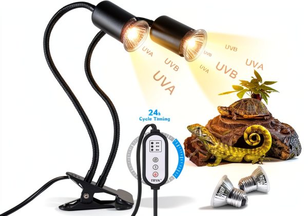 Reptile Heat Lamp, Double-Head Heat Lamp with Clamp, UVA UVB Reptile Light with Intelligent Cycle Timer for Turtle, Bearded Dragon, Lizard and More, 2 Bulbs 25W+50W-0