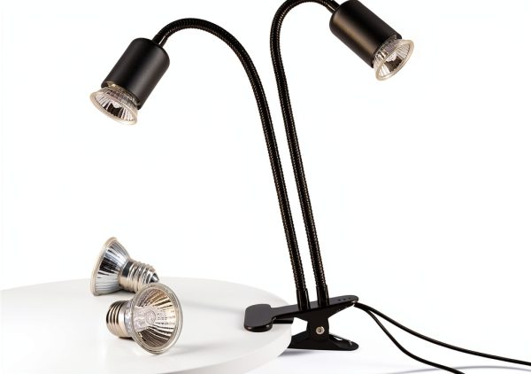 Reptile Heat Lamp, Double-Head Heat Lamp with Clamp, UVA UVB Reptile Light with Intelligent Cycle Timer for Turtle, Bearded Dragon, Lizard and More, 2 Bulbs 25W+50W-3