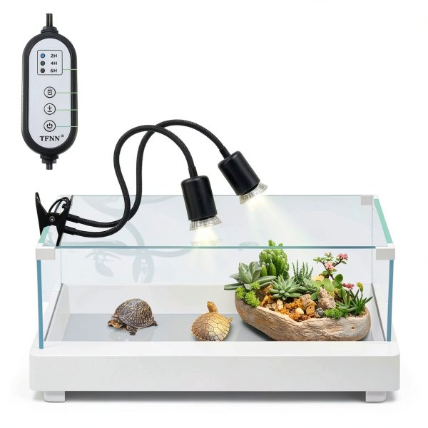 Reptile Heat Lamp, Double-Head Heat Lamp with Clamp, UVA UVB Reptile Light with Intelligent Cycle Timer for Turtle, Bearded Dragon, Lizard and More, 2 Bulbs 25W+50W-1