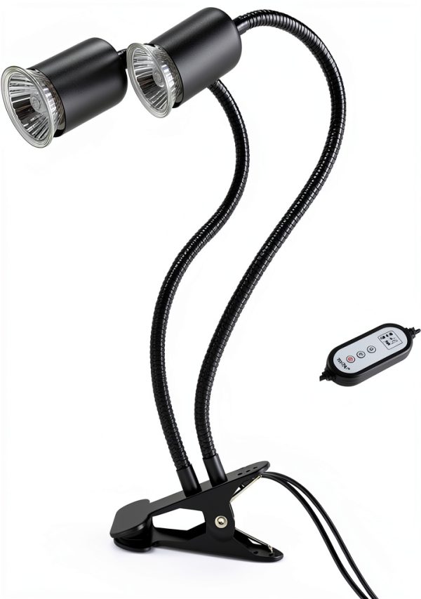 Reptile Heat Lamp, Double-Head Heat Lamp with Clamp, UVA UVB Reptile Light with Intelligent Cycle Timer for Turtle, Bearded Dragon, Lizard and More, 2 Bulbs 25W+50W-2